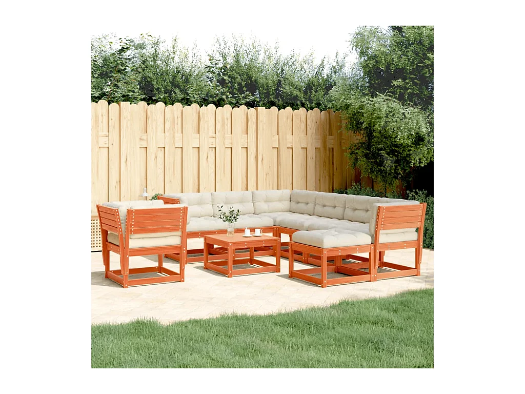 Salon de jardin 8 pcs avec coussins cire marron bois pin massif