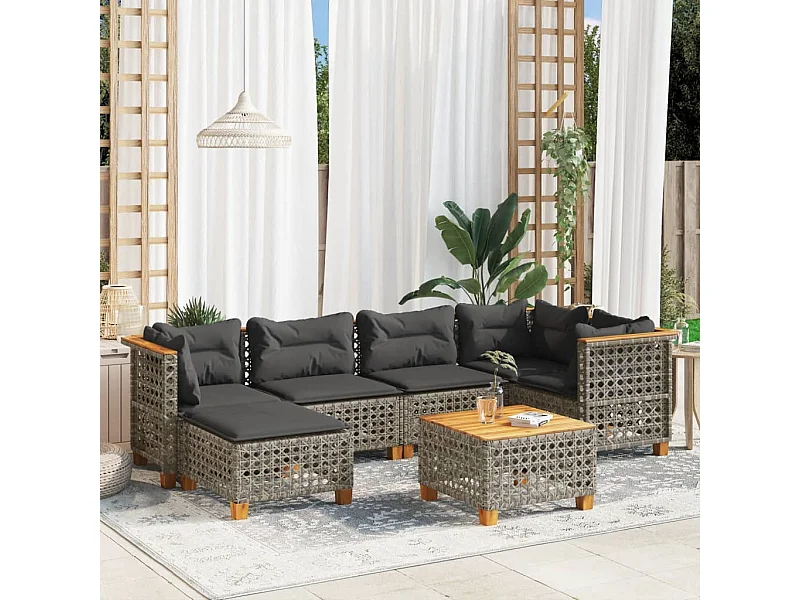 Set Divani da Giardino 7 pz con Cuscini Grigio in Polyrattan