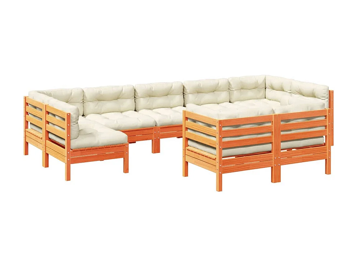 Salon de jardin 9 pcs avec coussins marron cire bois pin massif