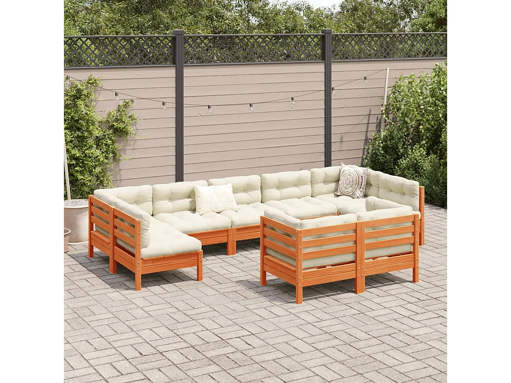 Salon de jardin 9 pcs avec coussins marron cire bois pin massif