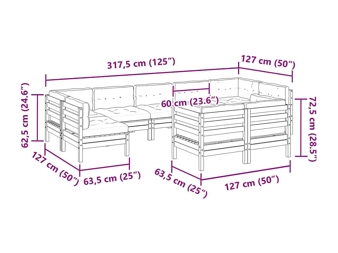 Salon de jardin 9 pcs avec coussins marron cire bois pin massif