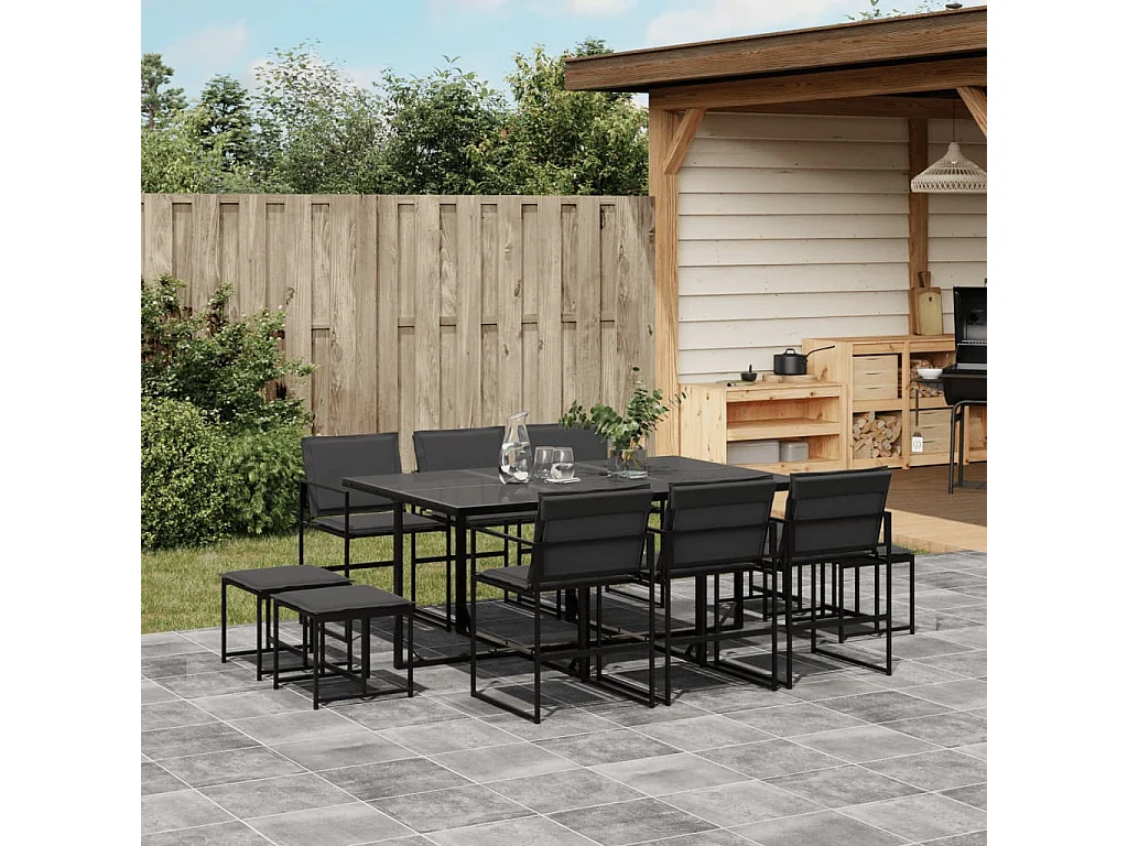 Ensemble à manger de jardin avec coussins 11 pcs noir textilène