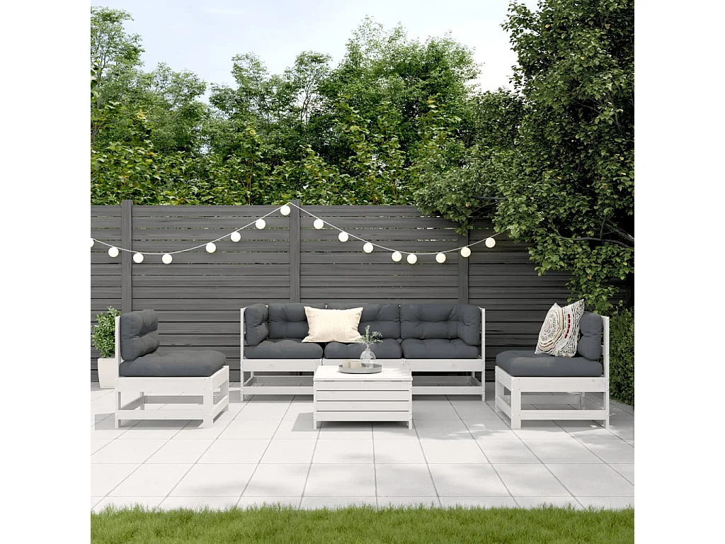 Salon de jardin avec coussins 6 pcs blanc bois de pin massif
