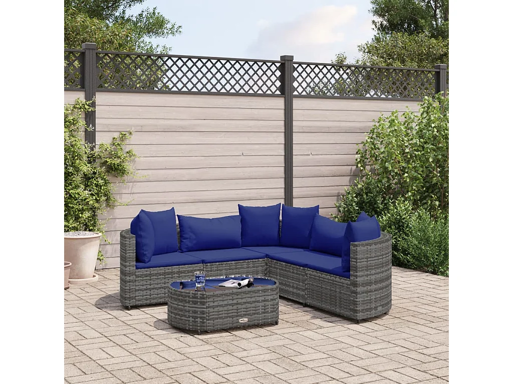 Salon de jardin 6 pcs avec coussins gris résine tressée
