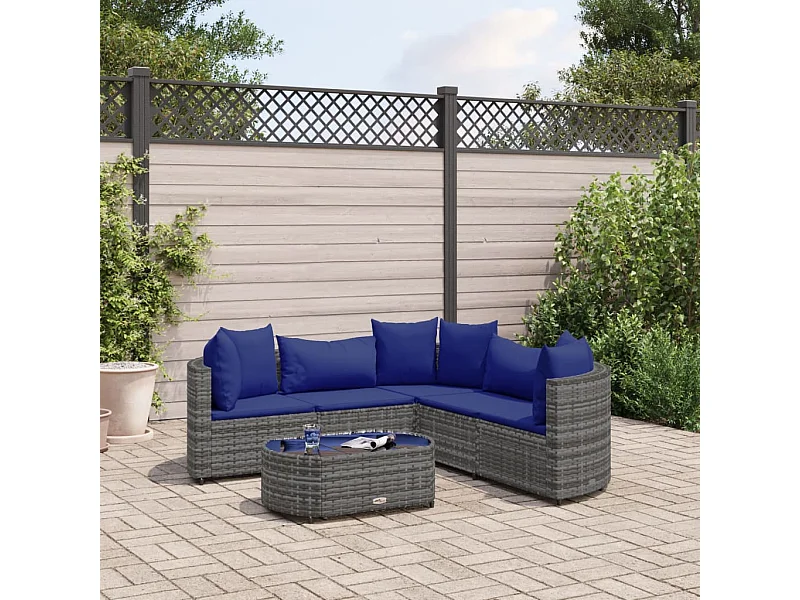 Salon de jardin 6 pcs avec coussins gris résine tressée