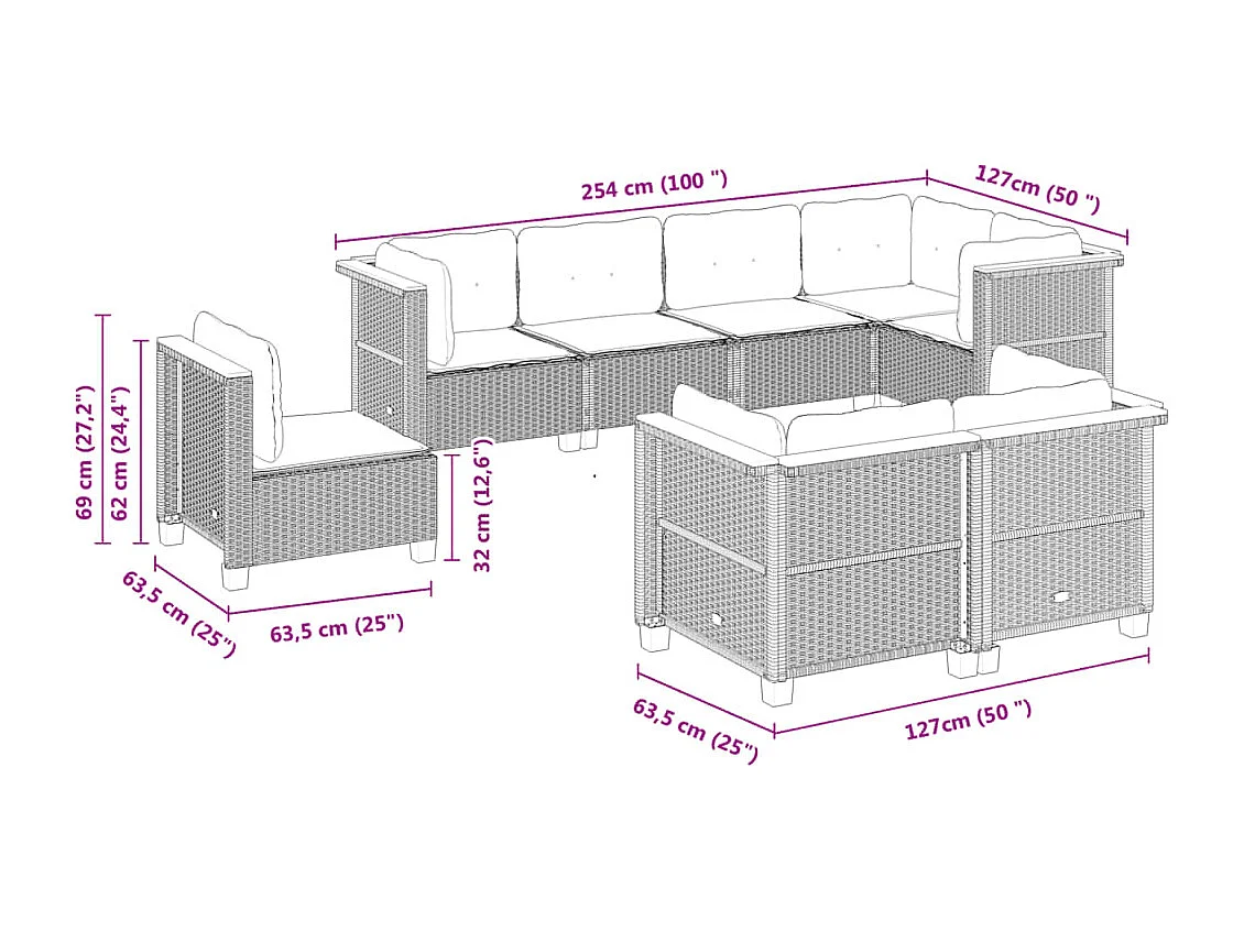 Salon de jardin 8 pcs avec coussins gris résine tressée