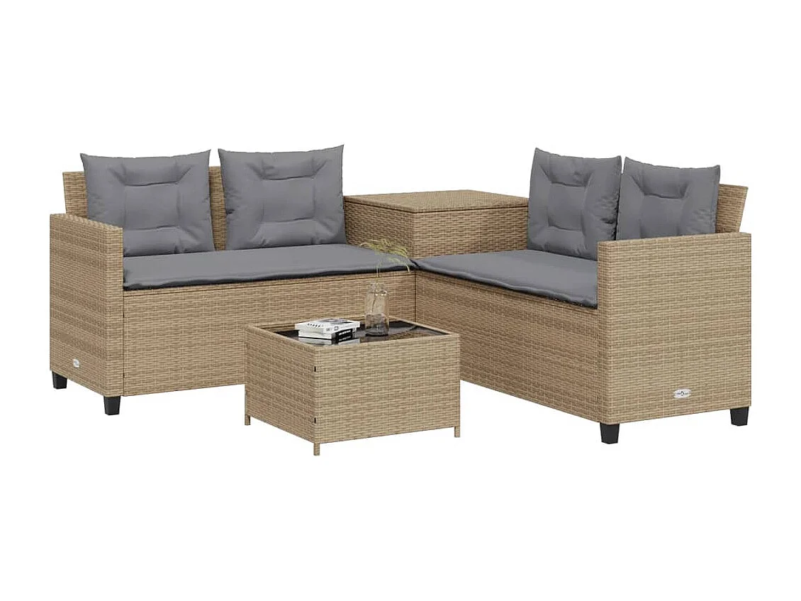 Sofá de jardim forma de L c/ mesa e almofadões vime PE bege