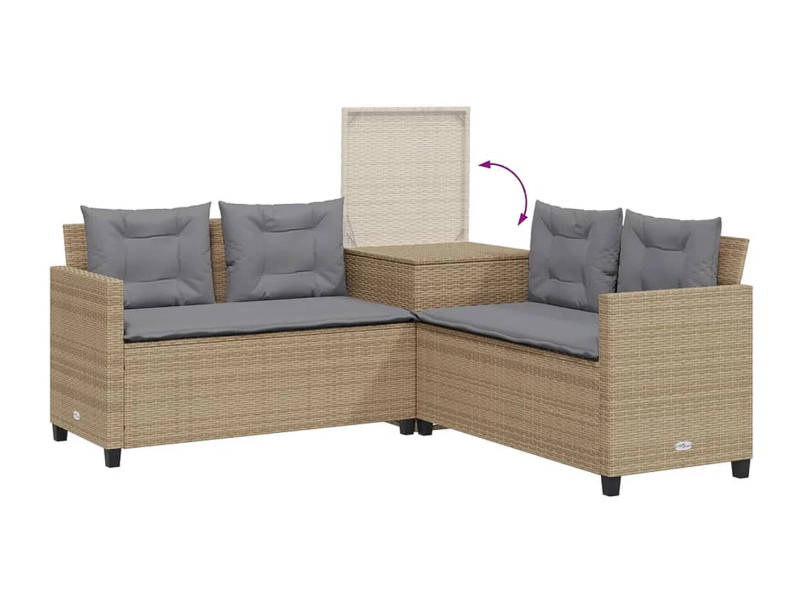 Gartensofa in L-Form mit Tisch und Kissen Beige Poly Rattan