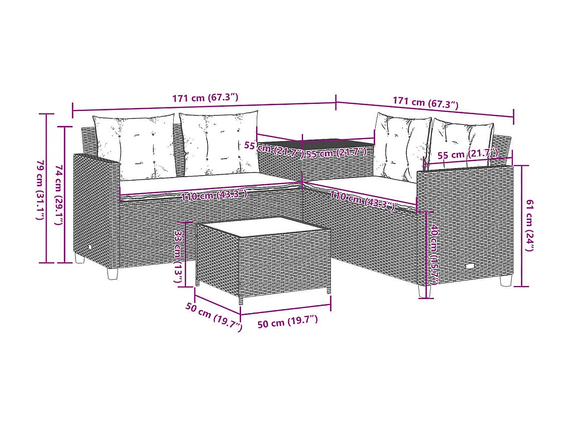 Canapé de jardin avec table et coussins en forme de L beige
