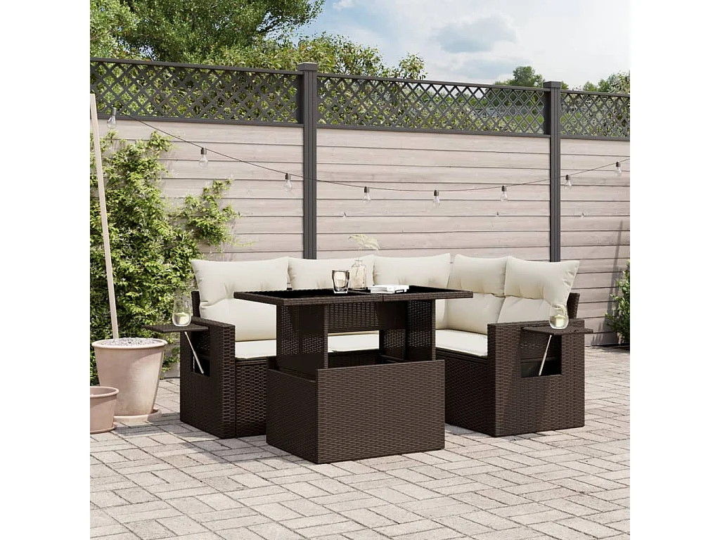 5 pcs conjunto sofás p/ jardim c/ almofadões vime PE castanho