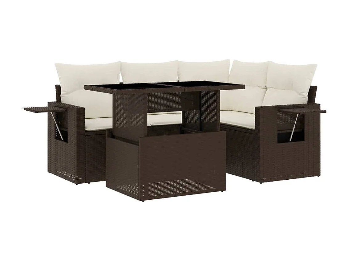 5 pcs conjunto sofás p/ jardim c/ almofadões vime PE castanho