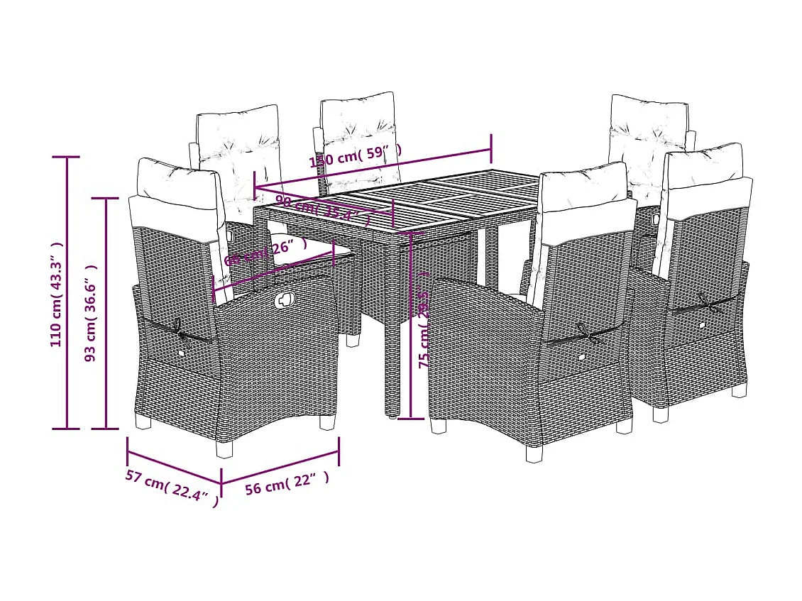 Set da Pranzo da Giardino 7 pz con Cuscini in Polyrattan Grigio