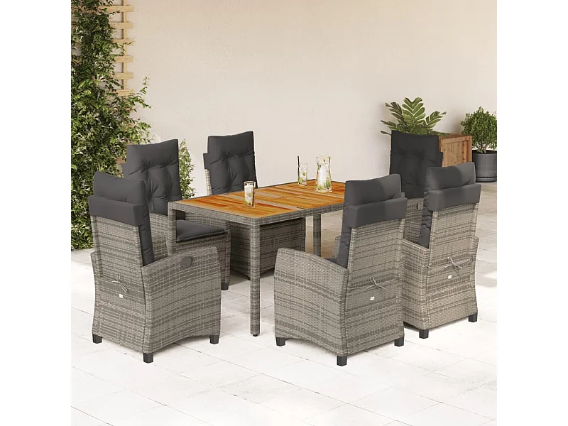 Set da Pranzo da Giardino 7 pz con Cuscini in Polyrattan Grigio
