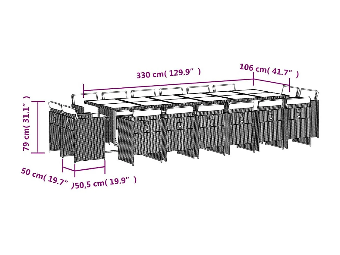 17 pcs conjunto de jantar p/ jardim c/ almofadões vime PE bege