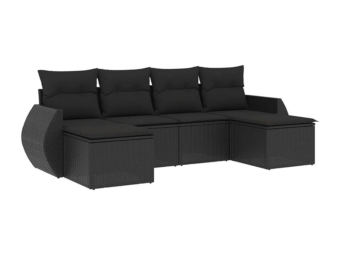 Salon de jardin 6 pcs avec coussins noir résine tressée