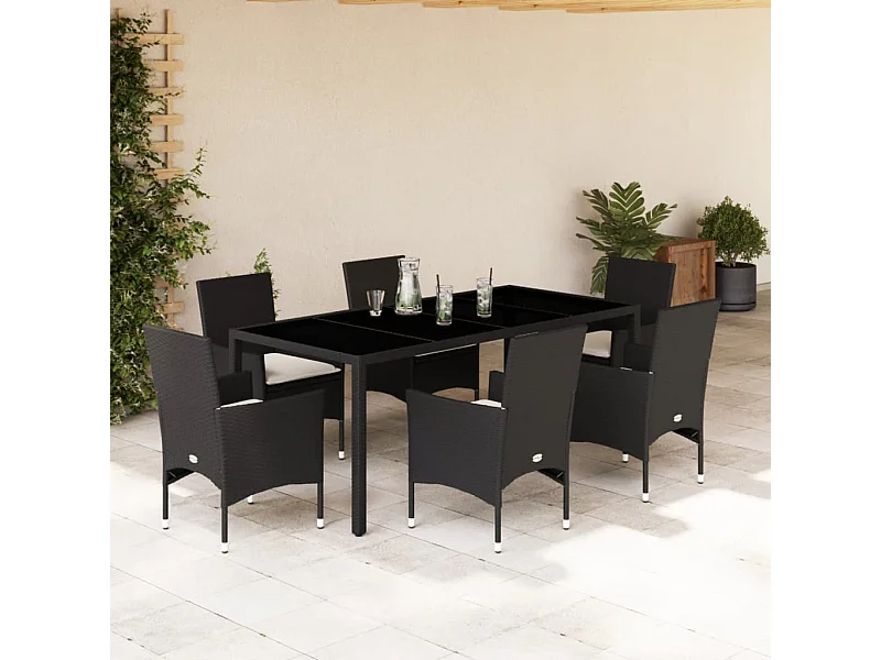 Ensemble à manger de jardin et coussins 7 pcs noir rotin acacia
