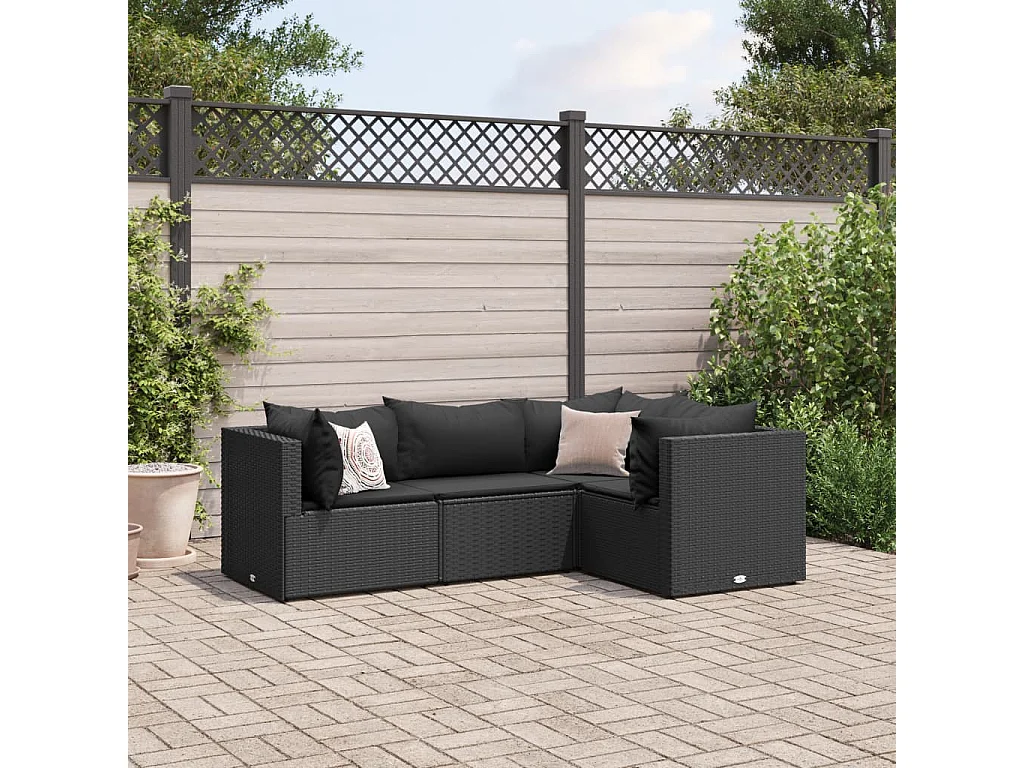 4 pcs conjunto lounge de jardim c/ almofadões vime PE preto