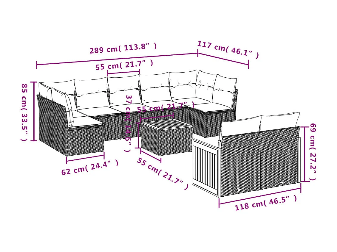 Set Divani da Giardino 9 pz con Cuscini Nero in Polyrattan