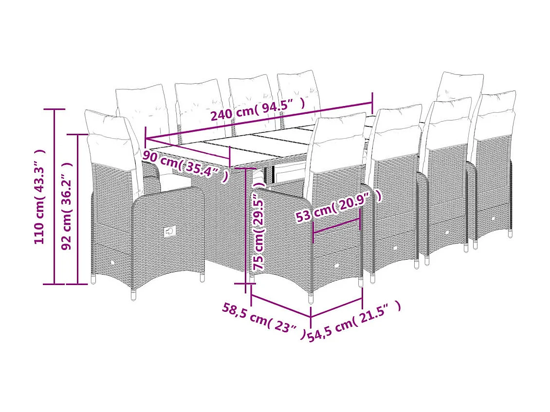 11-delige Bistroset met kussens poly rattan bruin