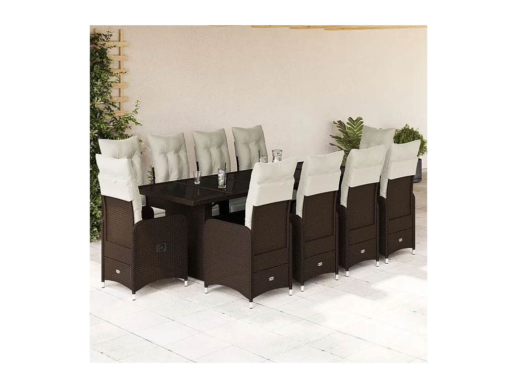Ensemble de bistro de jardin 11 pcs coussins marron poly rotin