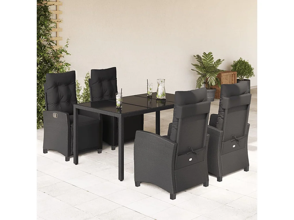 5 pcs conjunto de jantar p/ jardim c/ almofadões vime PE preto