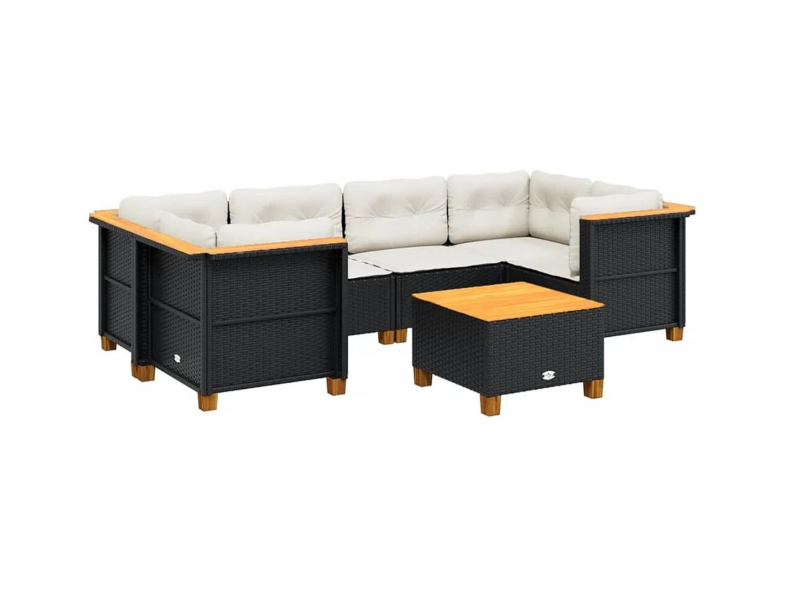 Salon de jardin 7 pcs avec coussins noir résine tressée