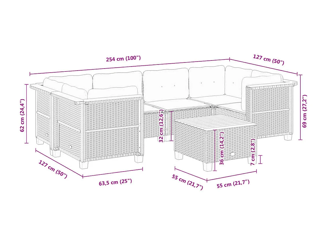 Salon de jardin 7 pcs avec coussins noir résine tressée
