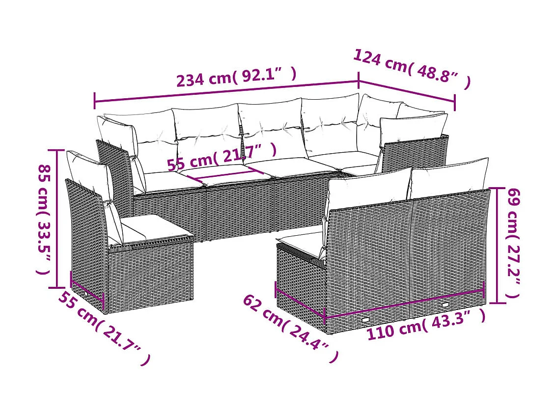 Salon de jardin 8 pcs avec coussins noir résine tressée