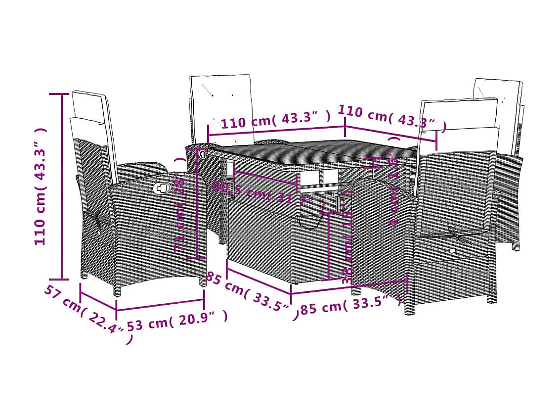 Set comedor de jardín 5 pzas con cojines ratán sintético beige