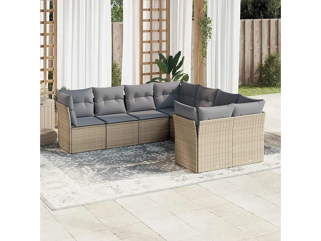 Salon de jardin avec coussins 8 pcs beige résine tressée