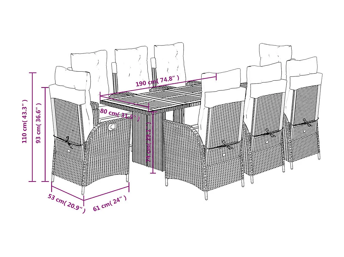 9-tlg. Garten-Essgruppe mit Kissen Grau Poly Rattan