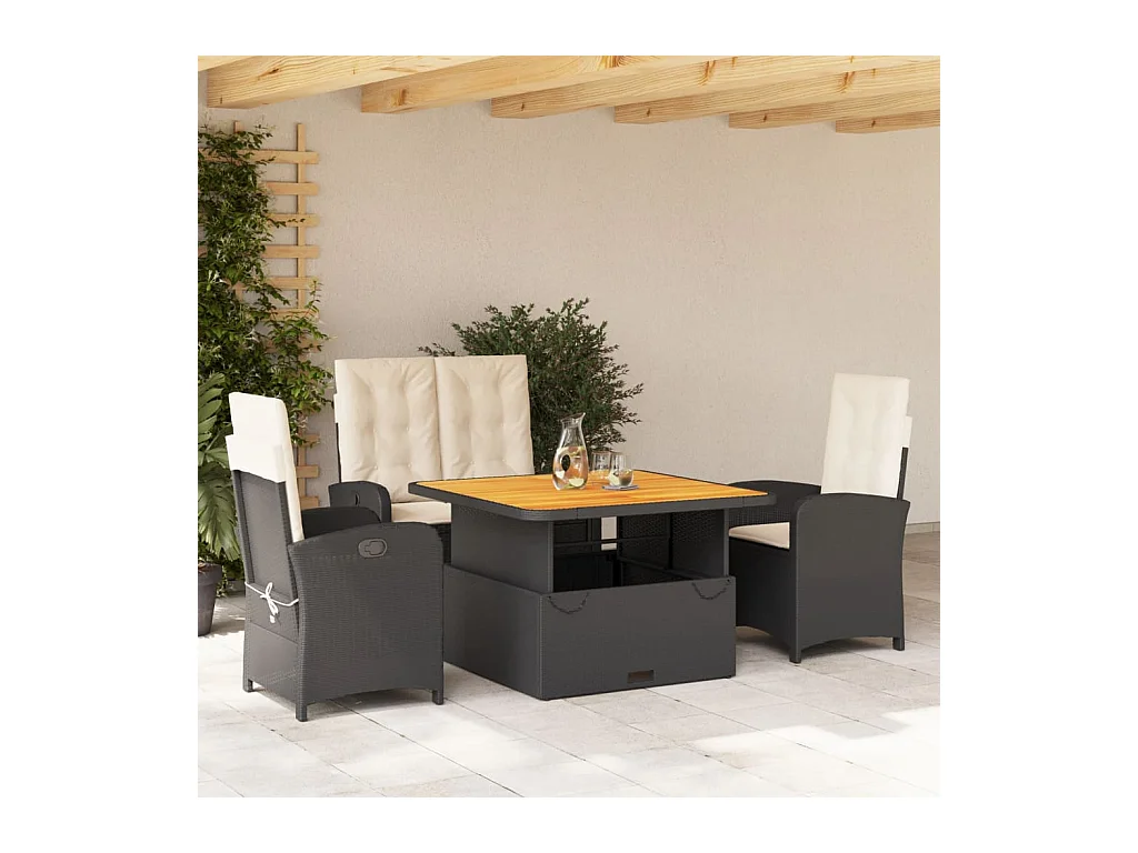 4-delige Tuinset met kussens poly rattan zwart