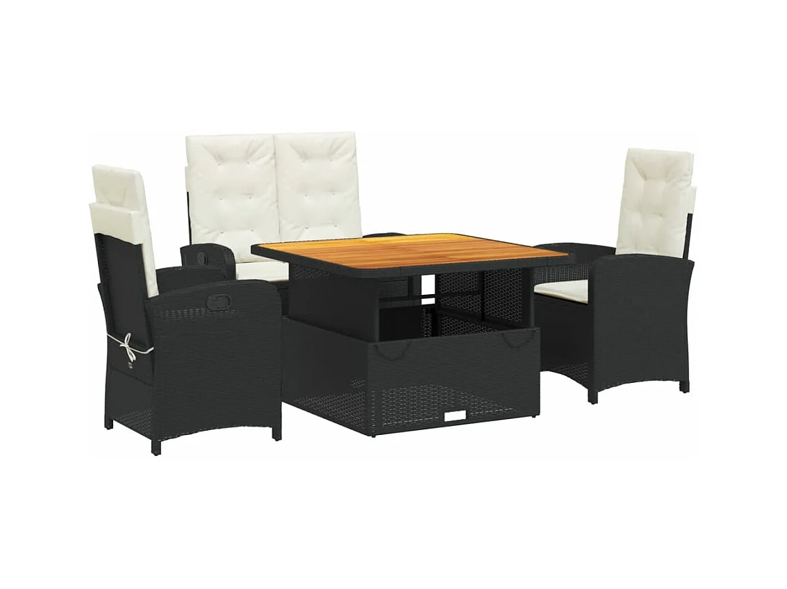 4-delige Tuinset met kussens poly rattan zwart