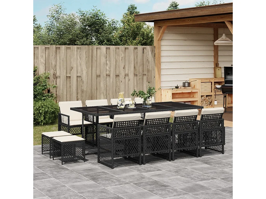 Set da Pranzo da Giardino 13pz con Cuscini Nero in Polyrattan
