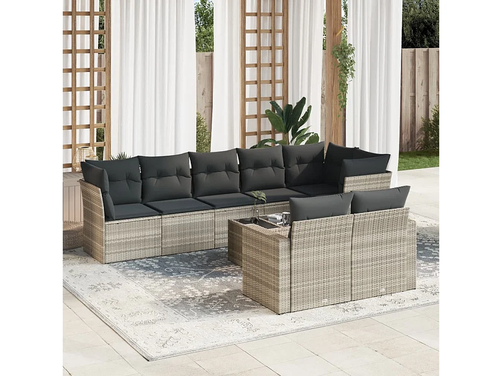 9-tlg. Garten-Sofagarnitur mit Kissen Hellgrau Poly Rattan