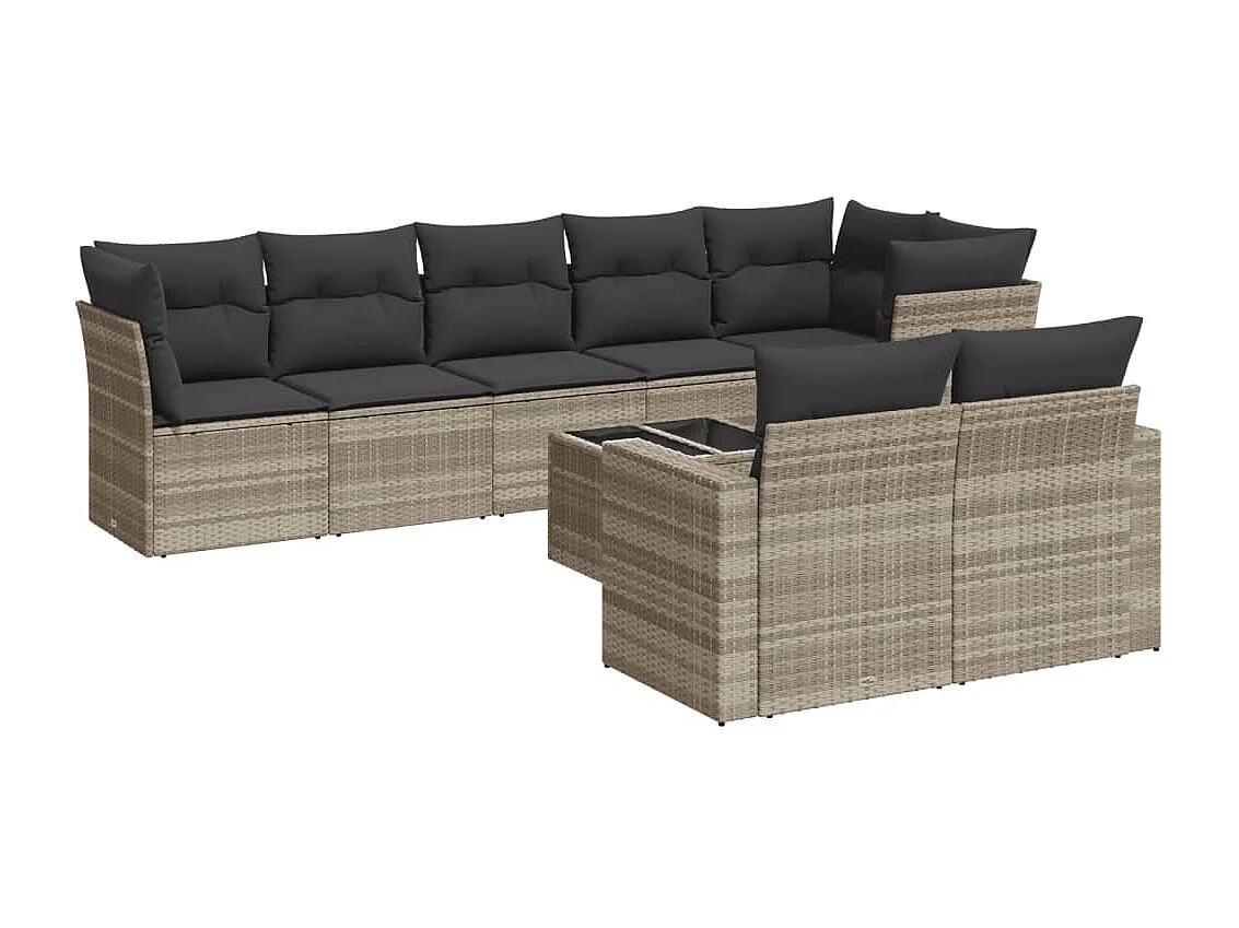 9-tlg. Garten-Sofagarnitur mit Kissen Hellgrau Poly Rattan