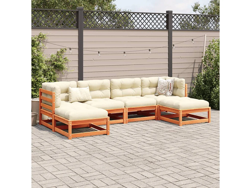 Salon de jardin 6 pcs avec coussins cire marron bois pin massif