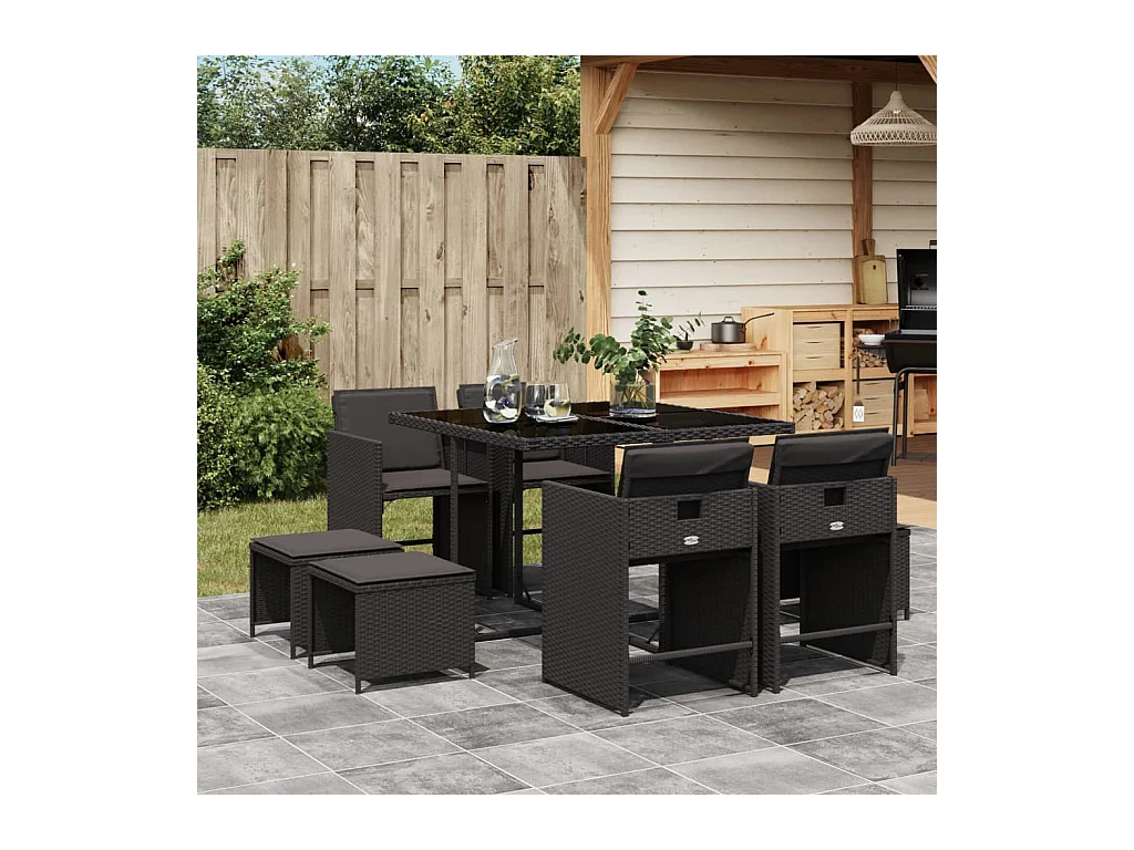 Ensemble à manger de jardin 9pcs coussins noir résine tressée