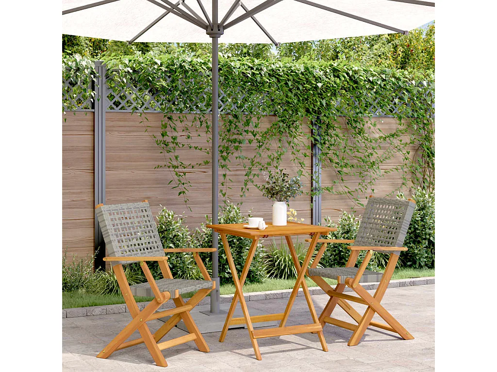 Ensemble de bistro 3 pcs gris résine tressée et bois massif