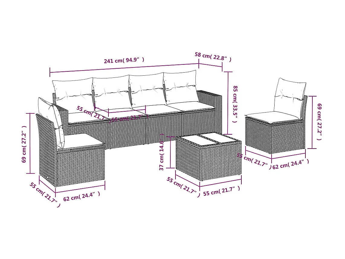 Set Divani da Giardino con Cuscini 7pz Nero Polyrattan