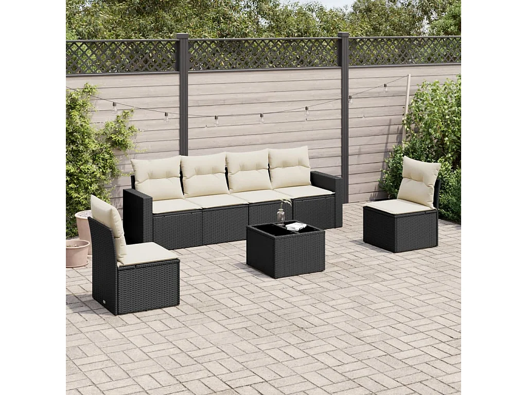 Salon de jardin 7 pcs avec coussins noir résine tressée