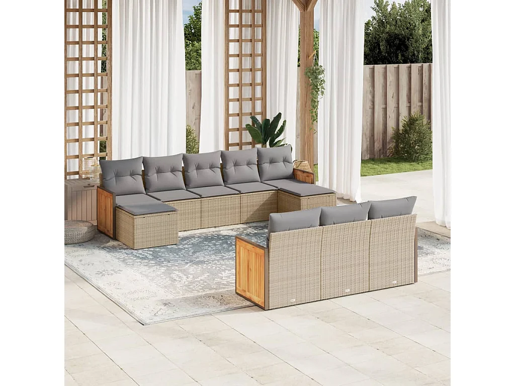 10-delige Loungeset met kussens poly rattan beige