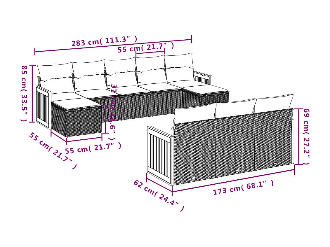 10-delige Loungeset met kussens poly rattan beige