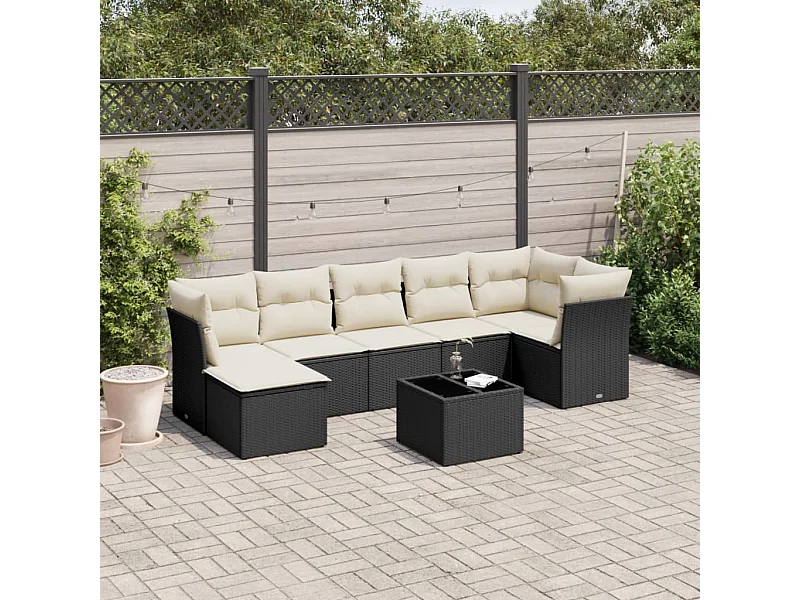 Salon de jardin 8 pcs avec coussins noir résine tressée