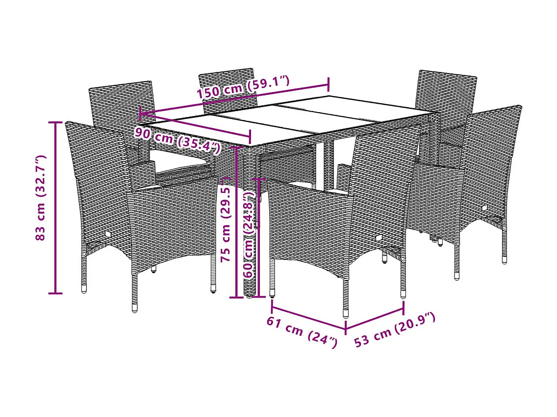 Set Pranzo da Giardino 7 pz Nero con Cuscini Polyrattan Acacia