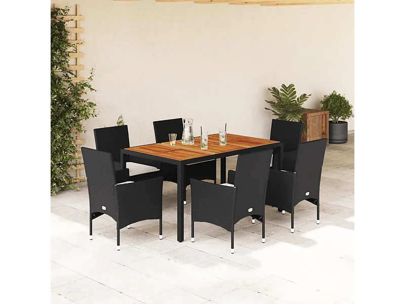 Ensemble à manger de jardin et coussins 7pcs noir rotin acacia