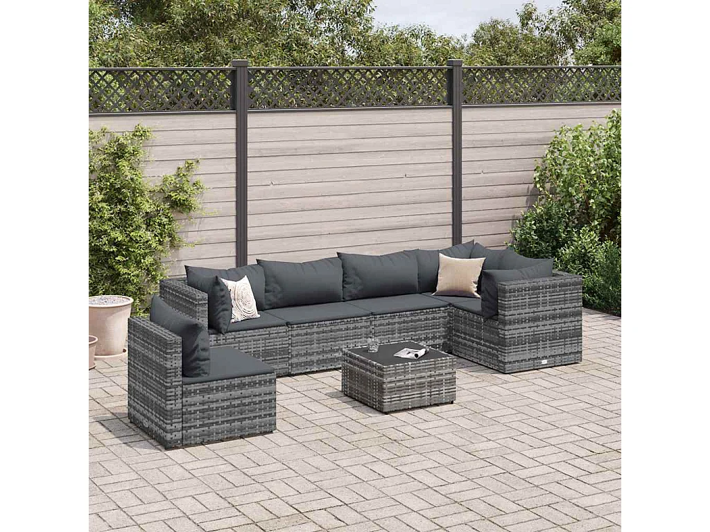 7 pcs conjunto lounge de jardim c/ almofadões vime PE cinzento