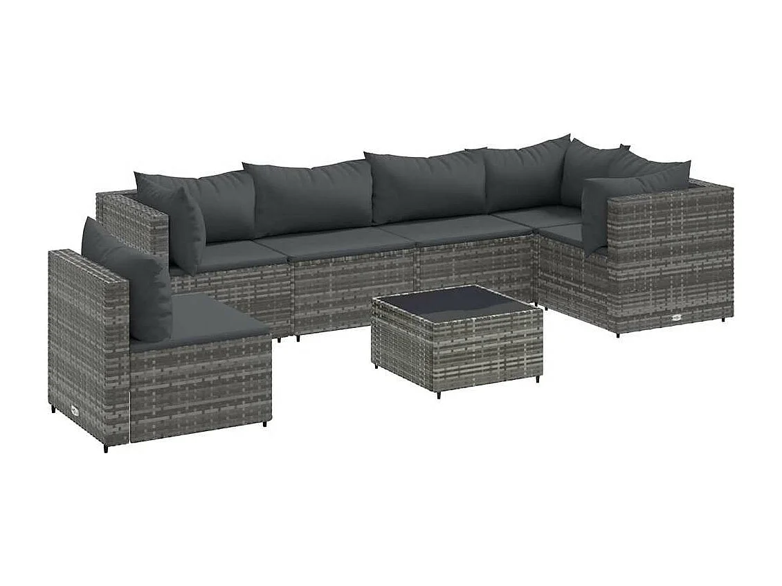 7 pcs conjunto lounge de jardim c/ almofadões vime PE cinzento