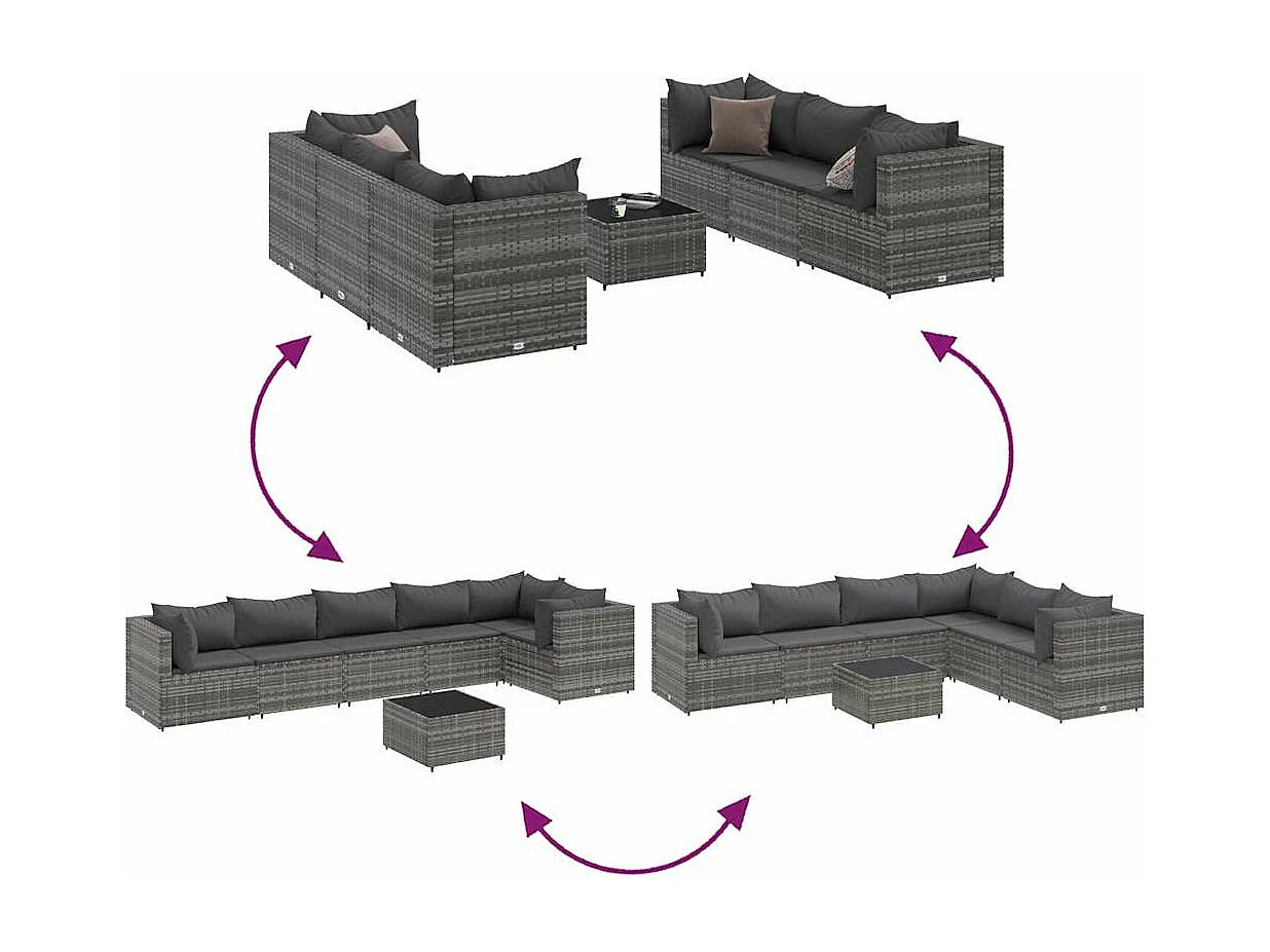 7 pcs conjunto lounge de jardim c/ almofadões vime PE cinzento