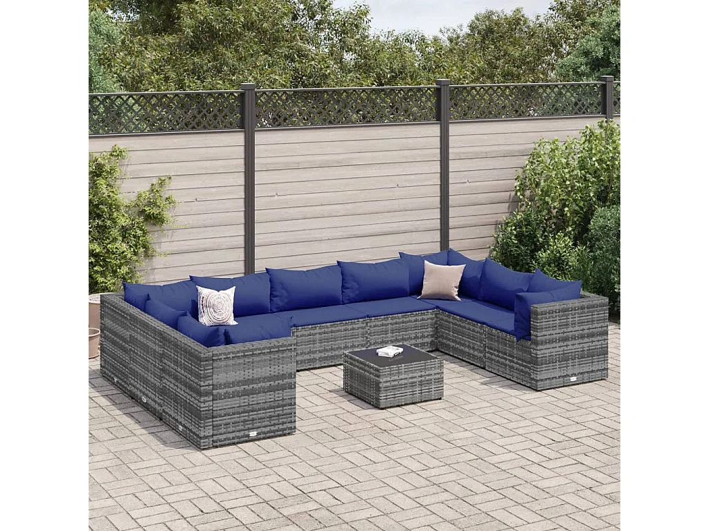 Salon de jardin 10 pcs avec coussins Gris Résine tressée